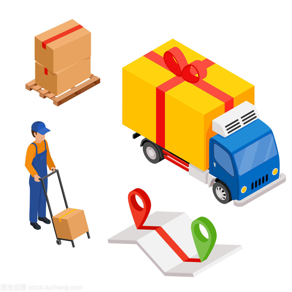 交付货物用图和引脚、 送货工人和框